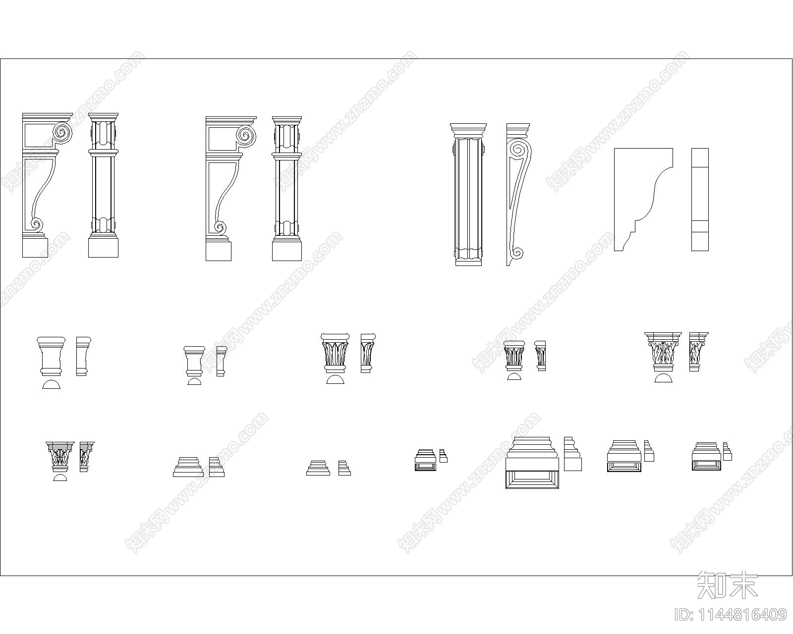 雕刻柱罗马柱头雕花施工图下载【ID:1144816409】