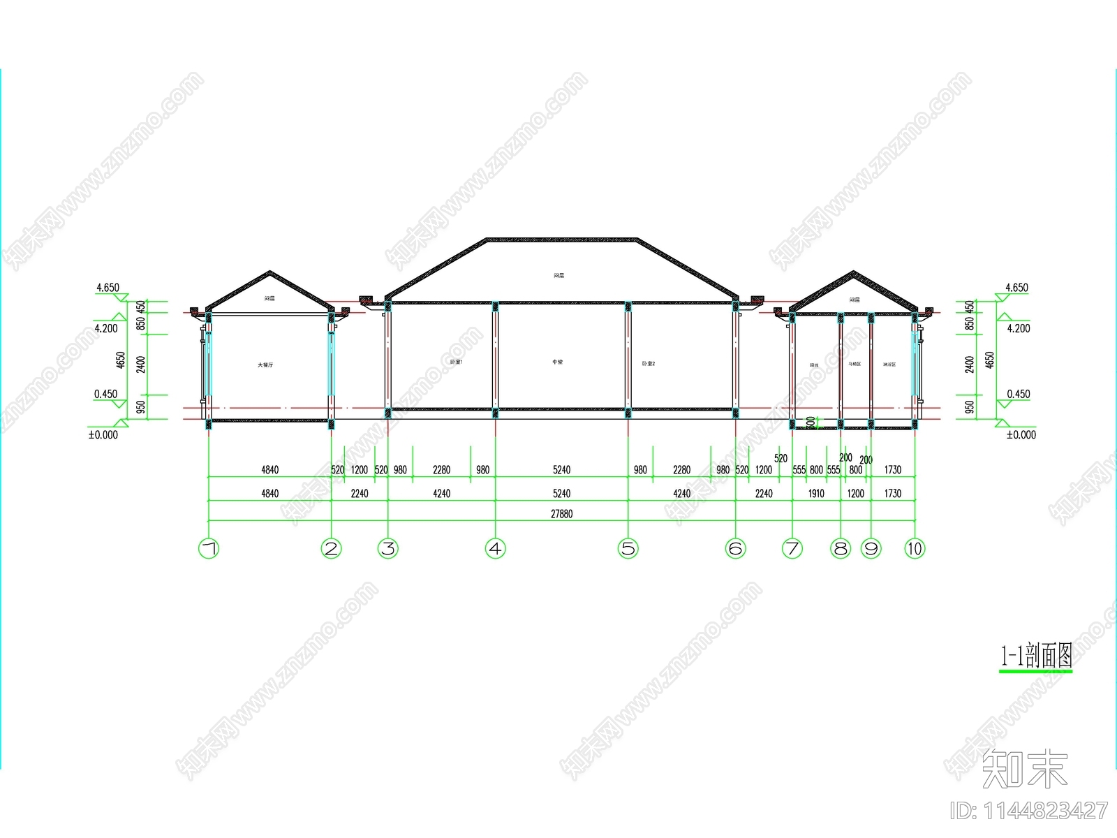 新中式一层独栋别墅建筑施工图下载【ID:1144823427】