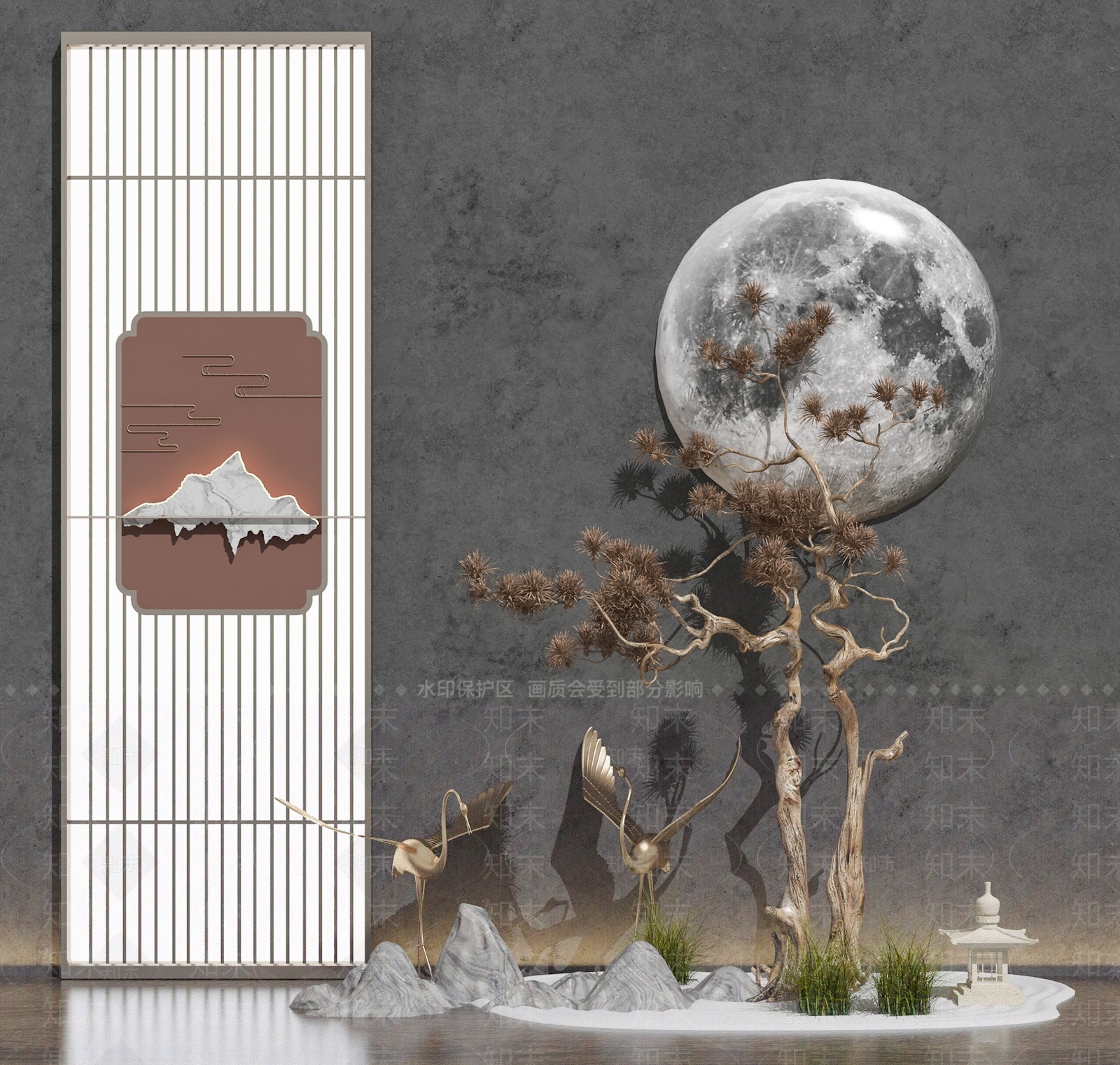 新中式枯山水松树景观3D模型下载【ID:1144862393】