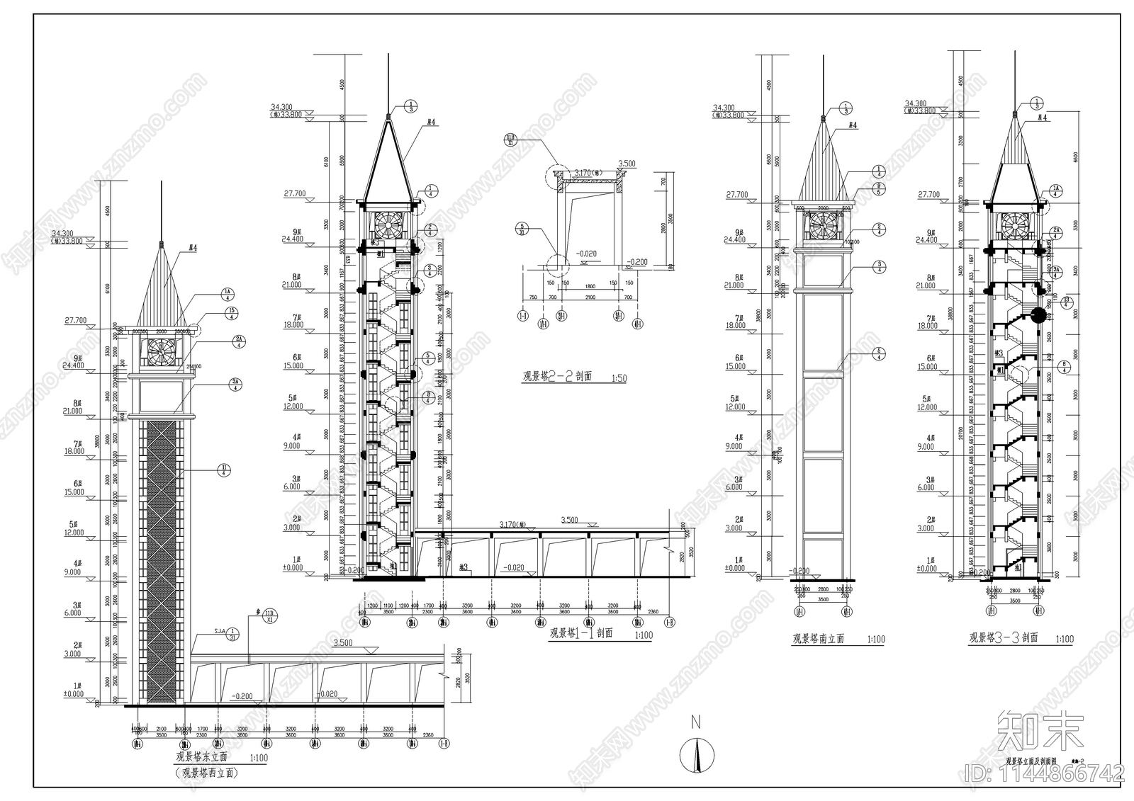 观景塔建筑cad施工图下载【ID:1144866742】