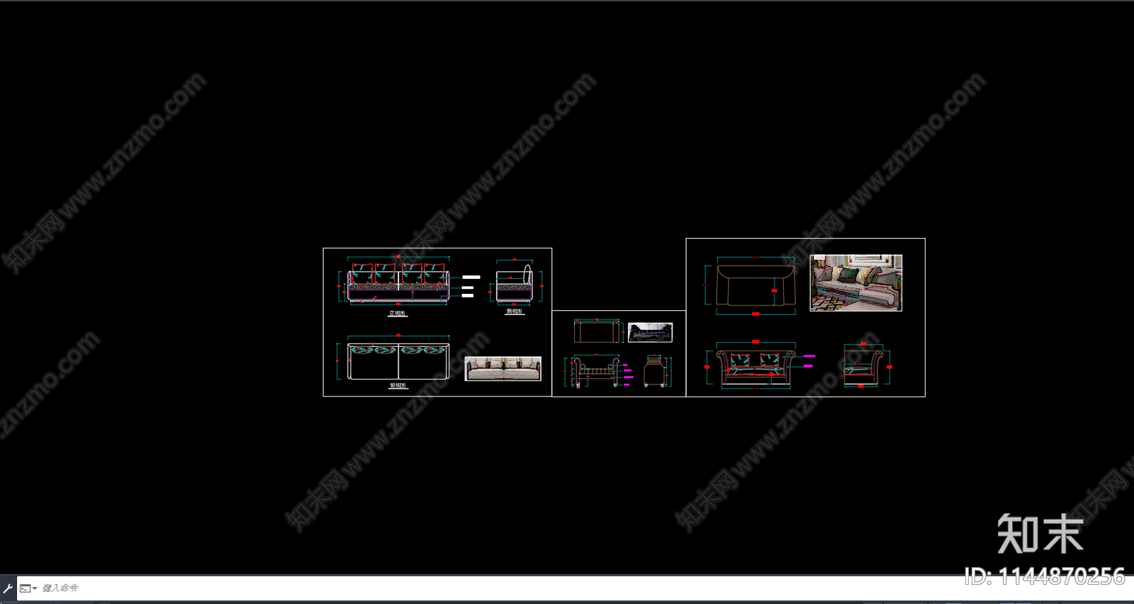 长沙发三视图cad施工图下载【ID:1144870256】