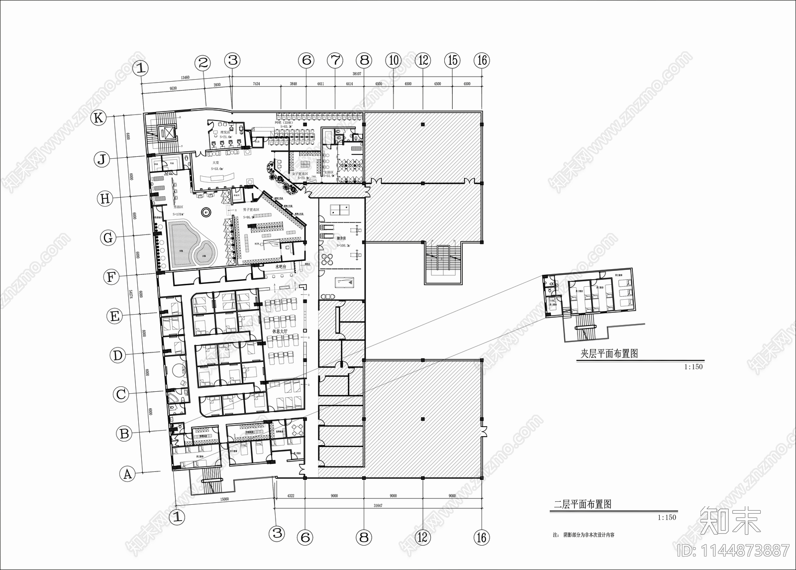 1700㎡汤泉水疗洗浴中心室内cad施工图下载【ID:1144873887】