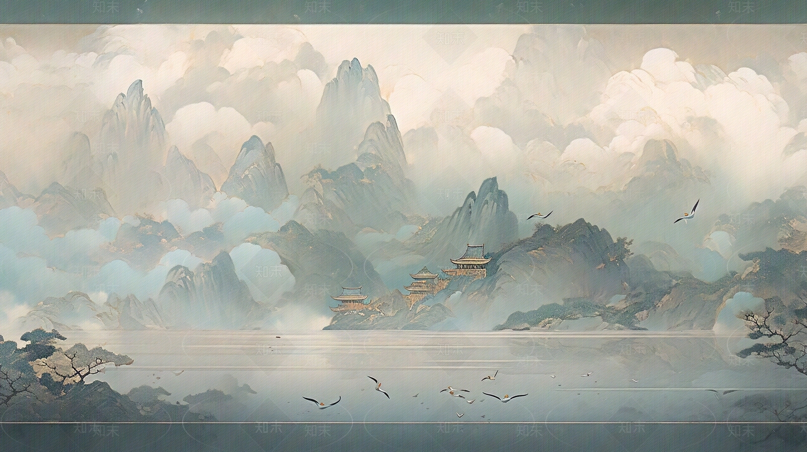 蓝灰色山水壁纸贴图下载【ID:1144877645】