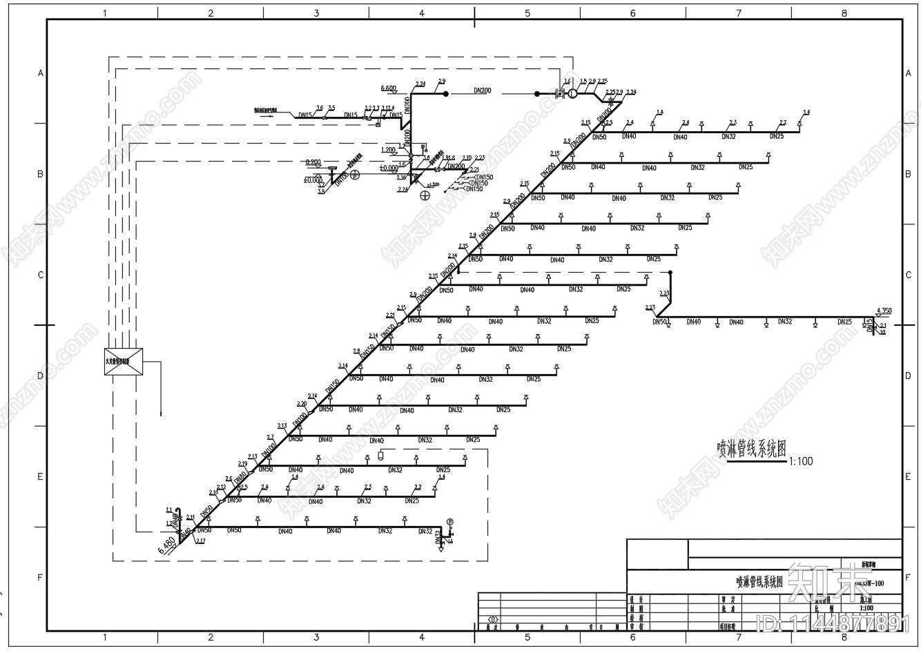 罩篷消防喷淋管线cad施工图下载【ID:1144877891】