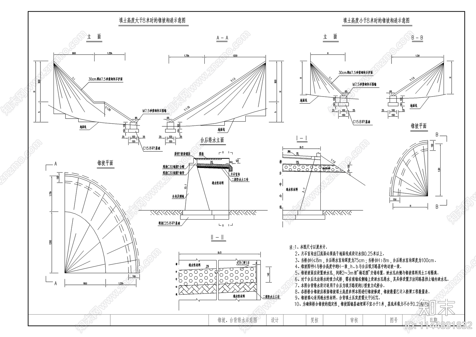 重力式桥头锥坡及台背排水cad施工图下载【ID:1144891832】