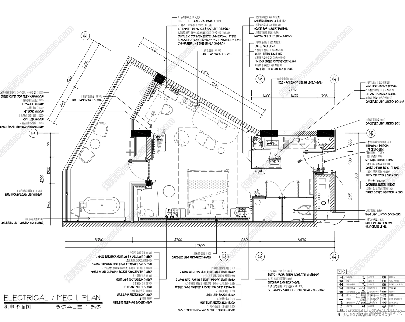 60㎡异型布局酒店大床房cad施工图下载【ID:1144902122】