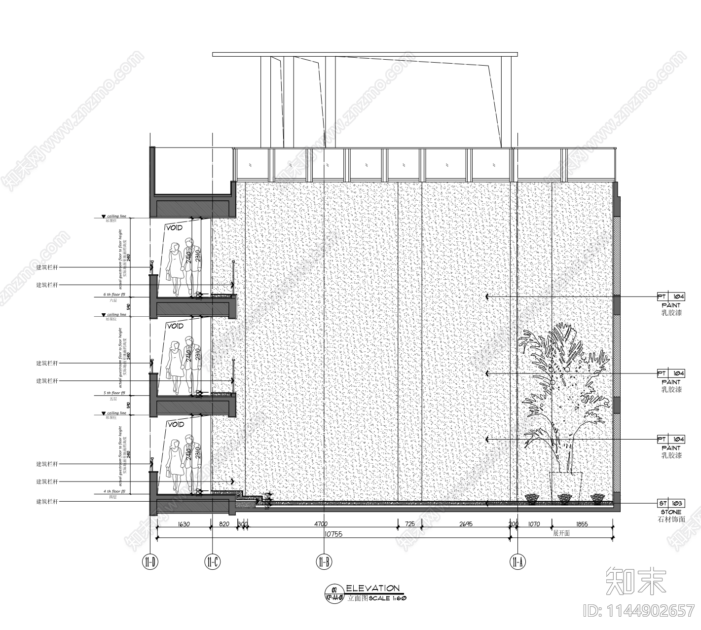 40㎡酒店走廊中空露台cad施工图下载【ID:1144902657】