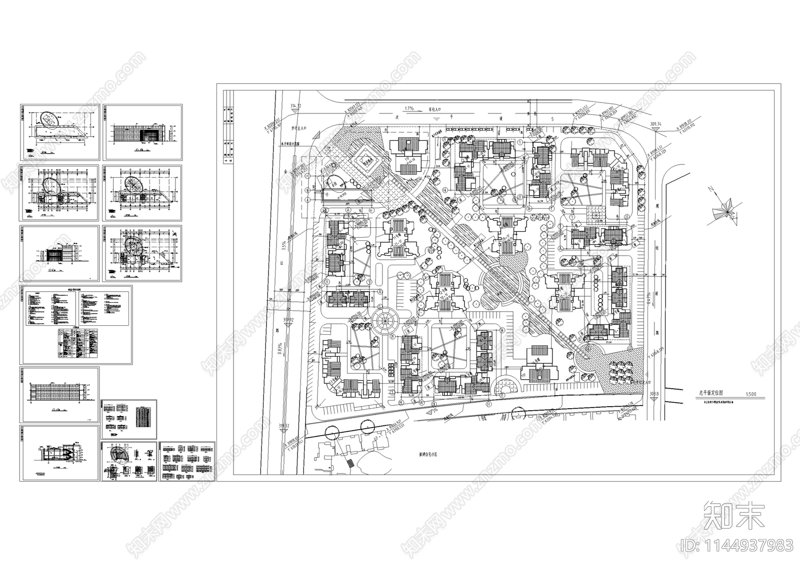 居住区规划及会所建筑cad施工图下载【ID:1144937983】