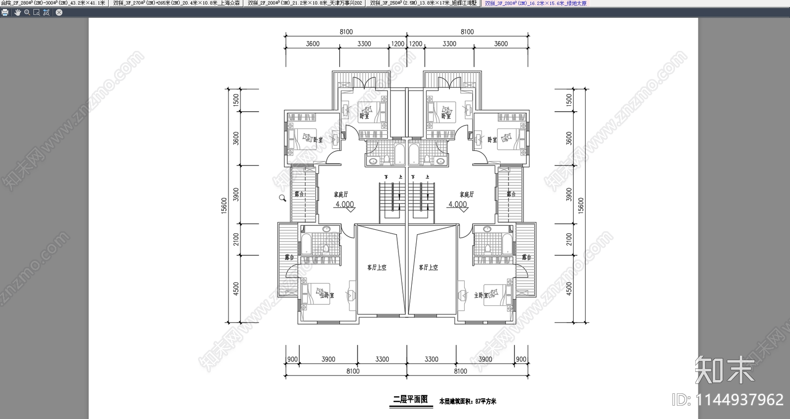 各面积段双拼别墅户型图施工图下载【ID:1144937962】