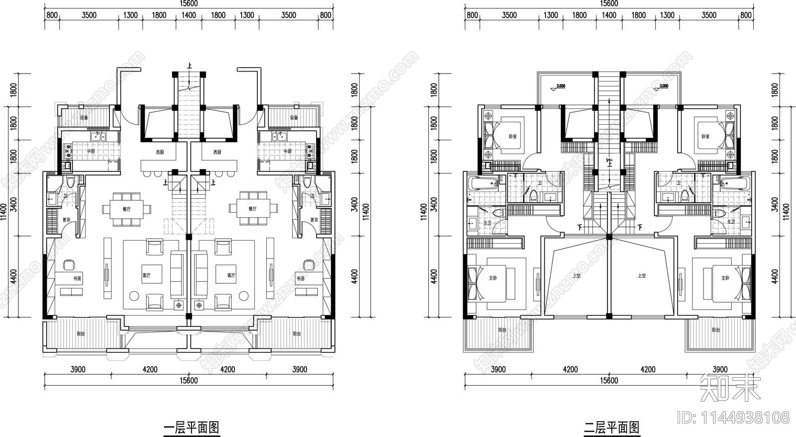 各面积段叠加别墅户型平面图施工图下载【ID:1144938108】