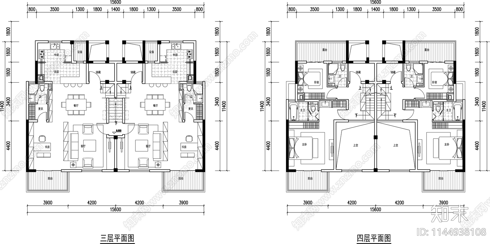 各面积段叠加别墅户型平面图施工图下载【ID:1144938108】