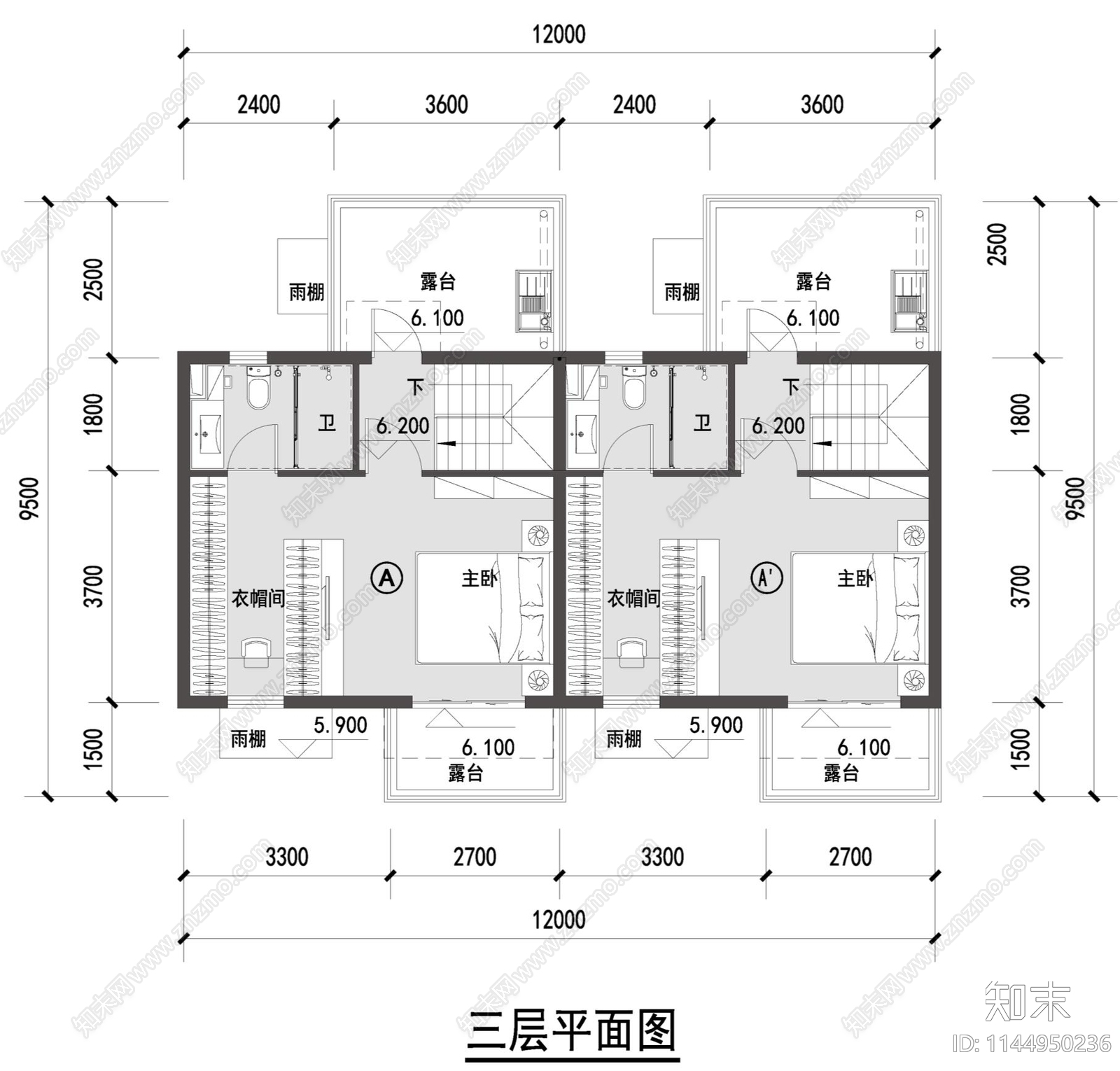 各面积段联排别墅户型平面图施工图下载【ID:1144950236】