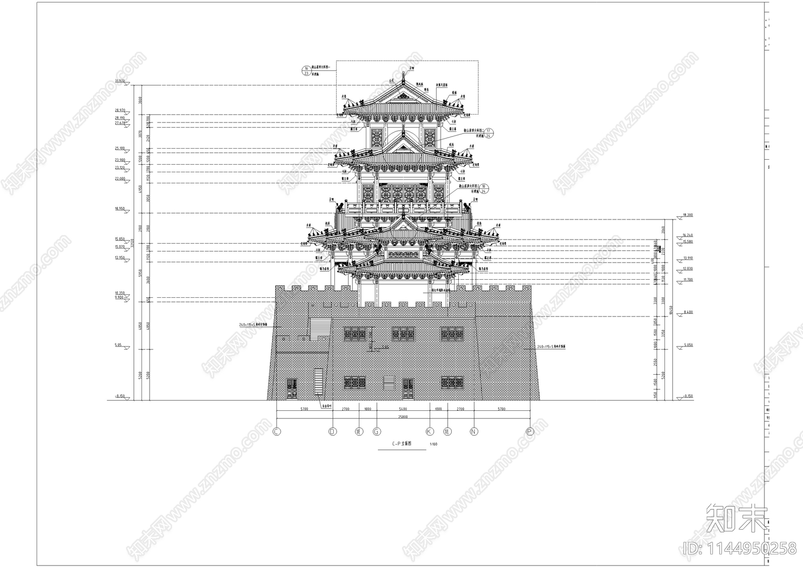 北方城门楼古建筑cad施工图下载【ID:1144950258】