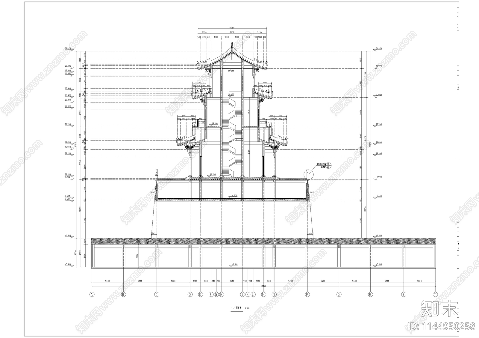 北方城门楼古建筑cad施工图下载【ID:1144950258】