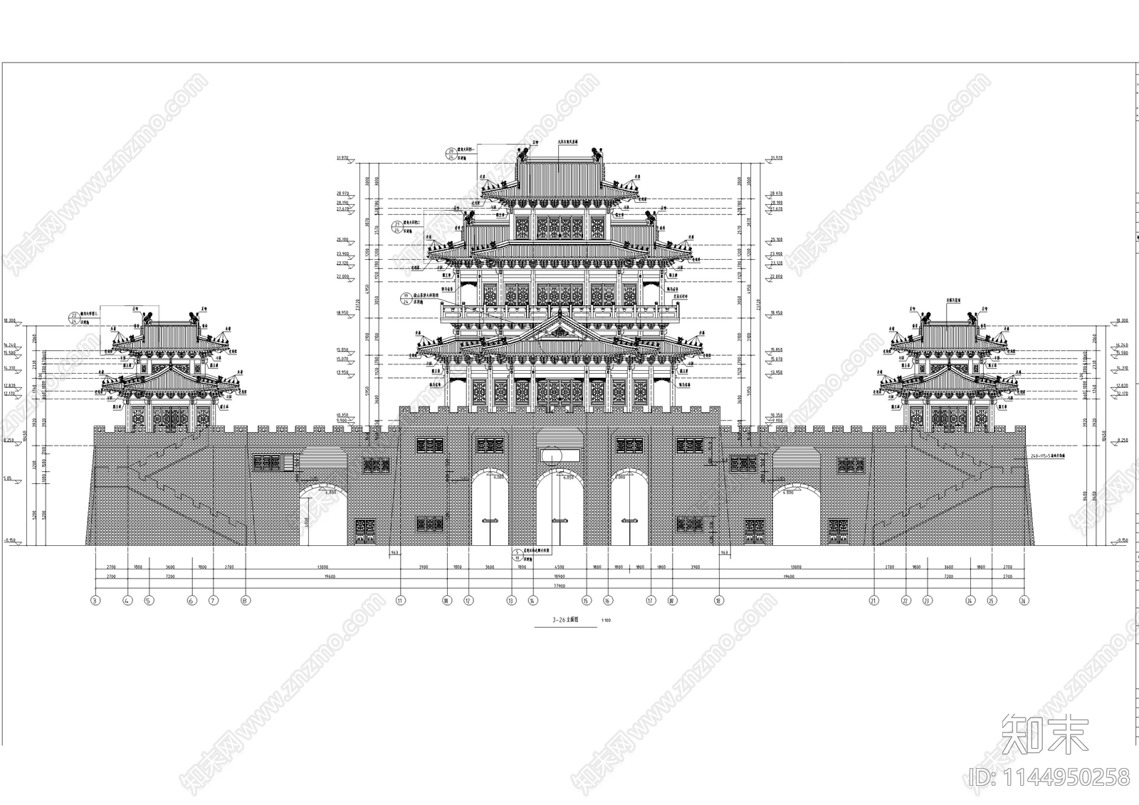 北方城门楼古建筑cad施工图下载【ID:1144950258】