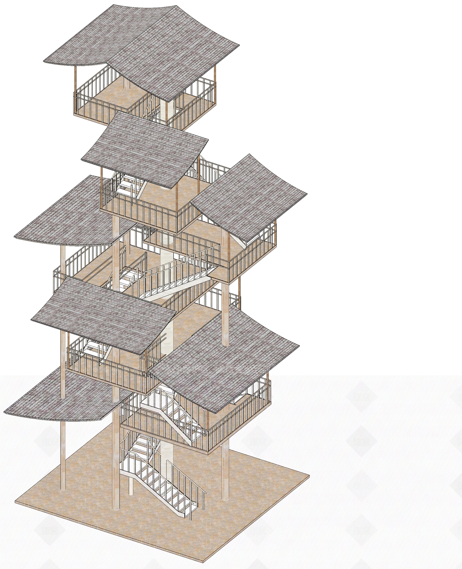 现代坡屋顶景观塔SU模型下载【ID:1144952637】