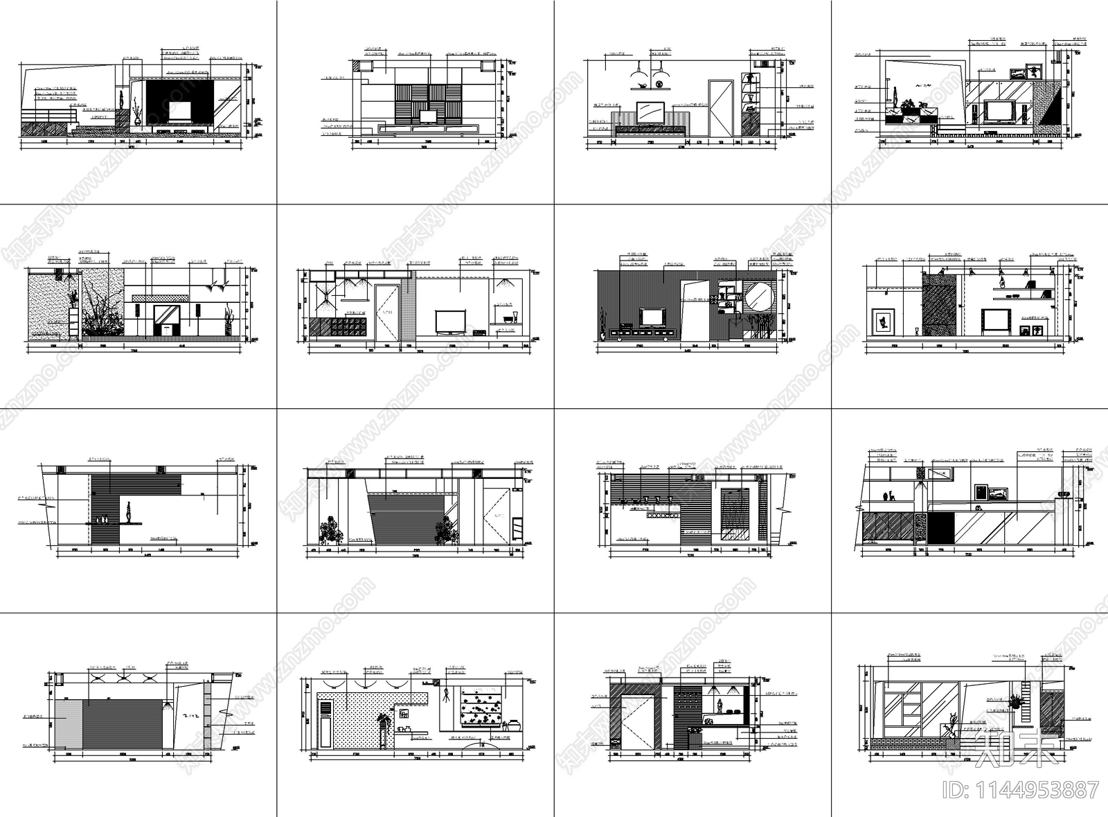 客厅玄关背景墙图块cad施工图下载【ID:1144953887】