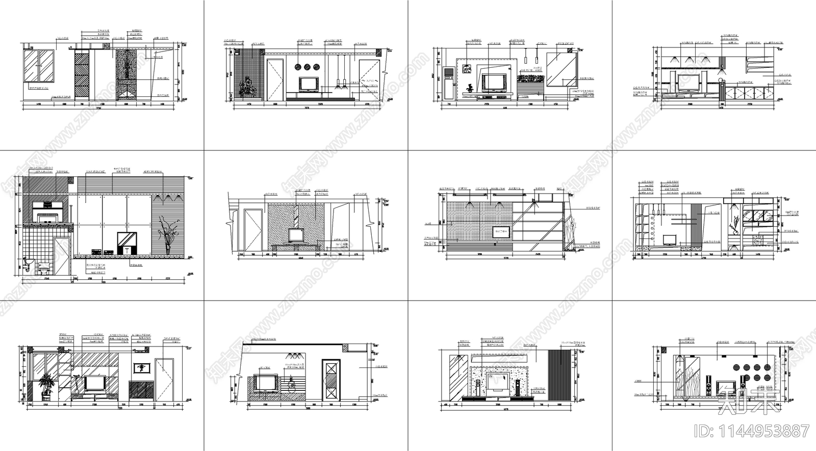 客厅玄关背景墙图块cad施工图下载【ID:1144953887】