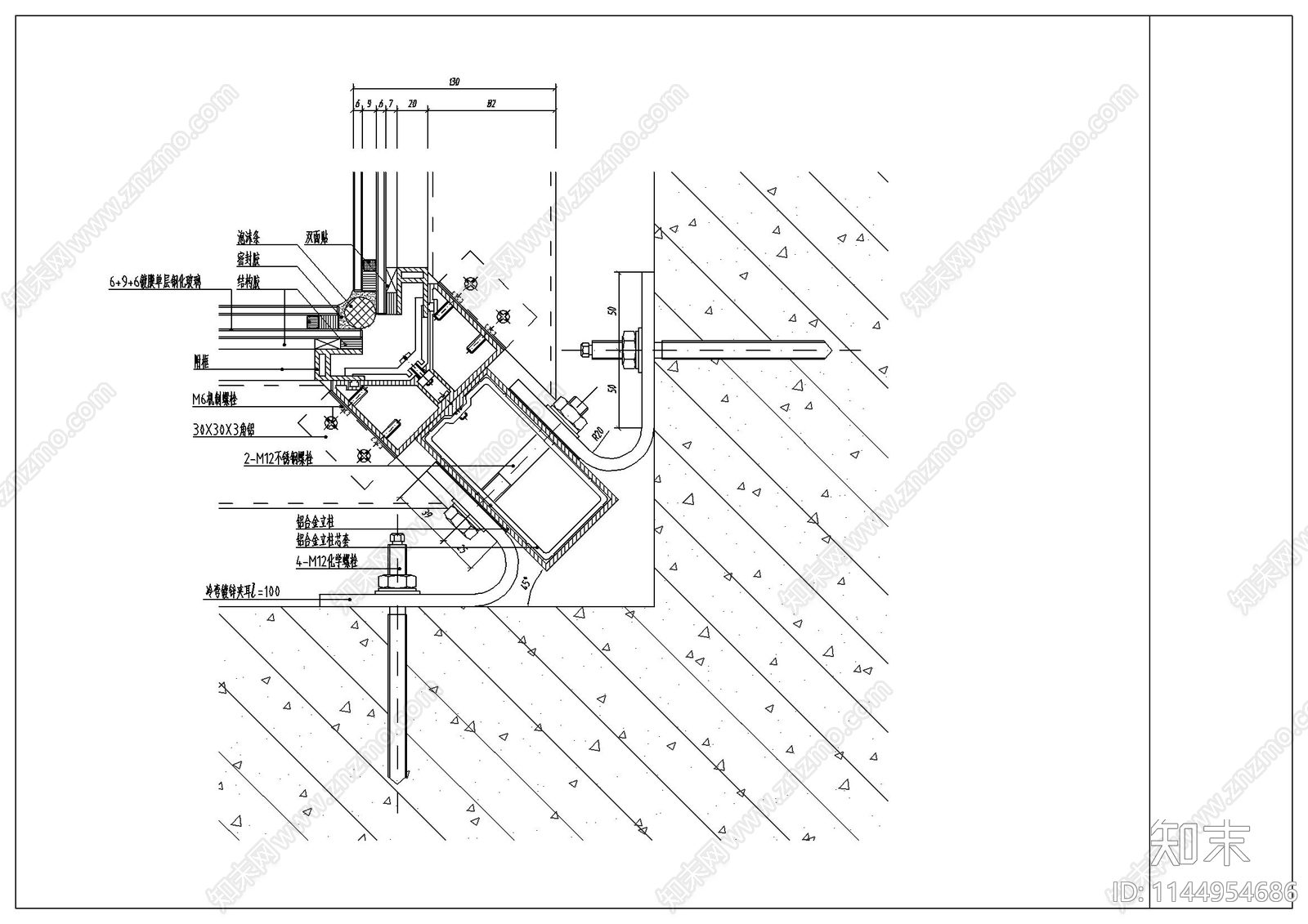 玻璃幕墙节点大样图cad施工图下载【ID:1144954686】