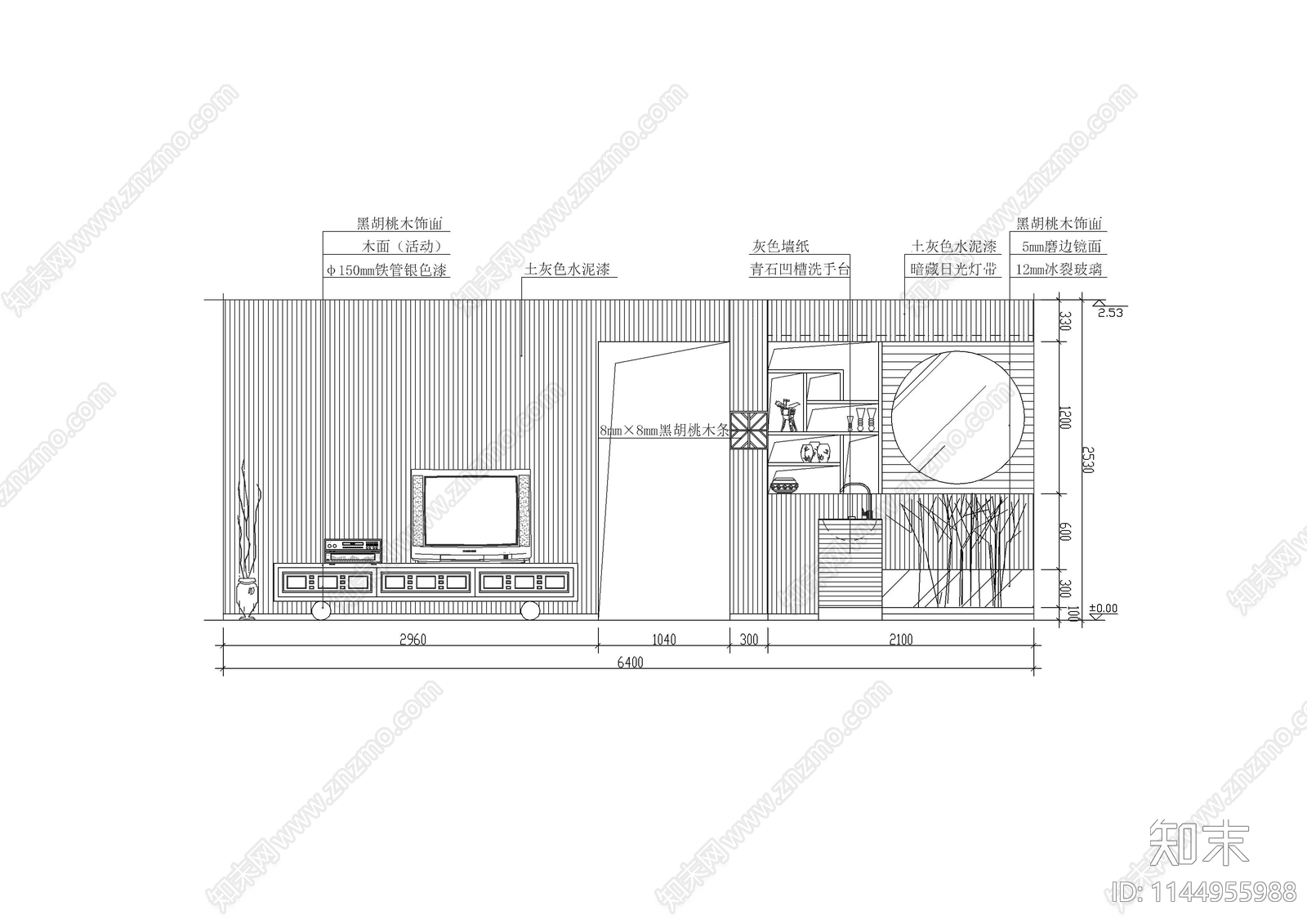 客厅背景墙详图cad施工图下载【ID:1144955988】