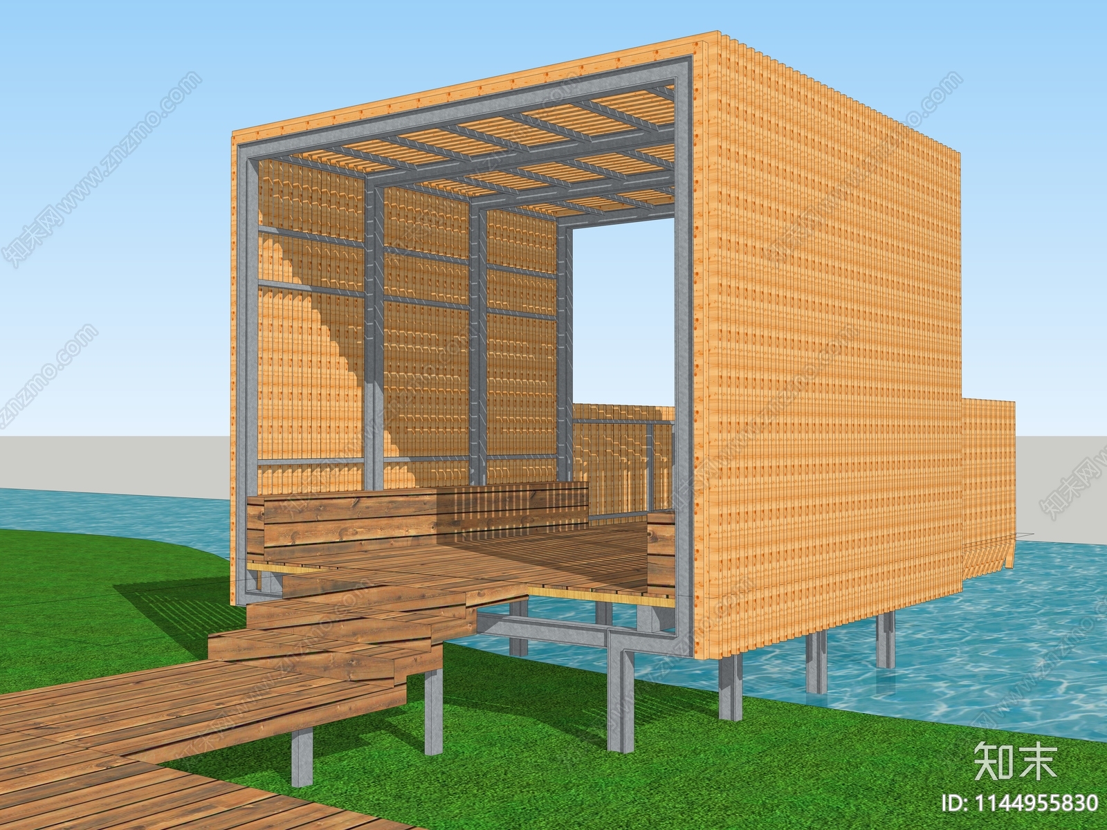 现代滨水景观廊架SU模型下载【ID:1144955830】