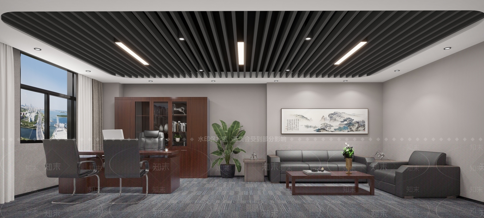 经理办公室红木柜子办公班台办公椅办公沙发装饰画3D模型下载【ID:1144956424】