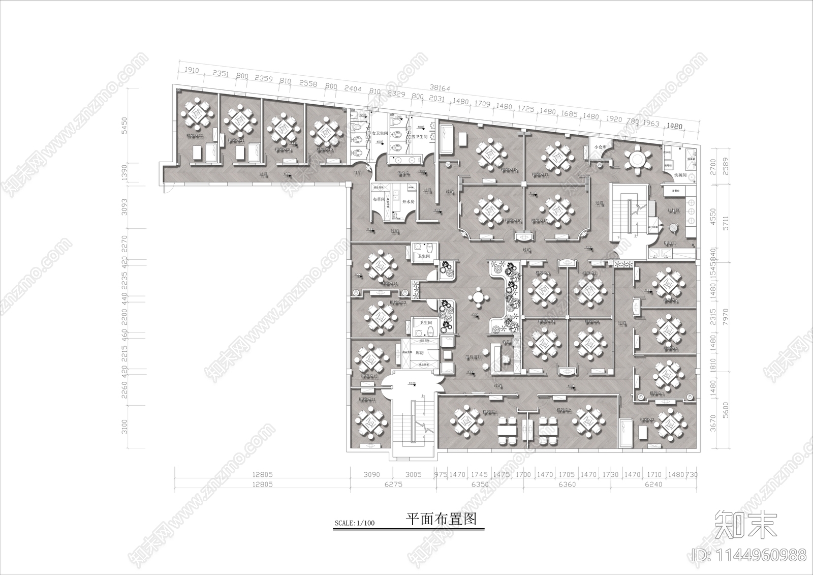 500㎡棋牌室平面布局cad施工图下载【ID:1144960988】