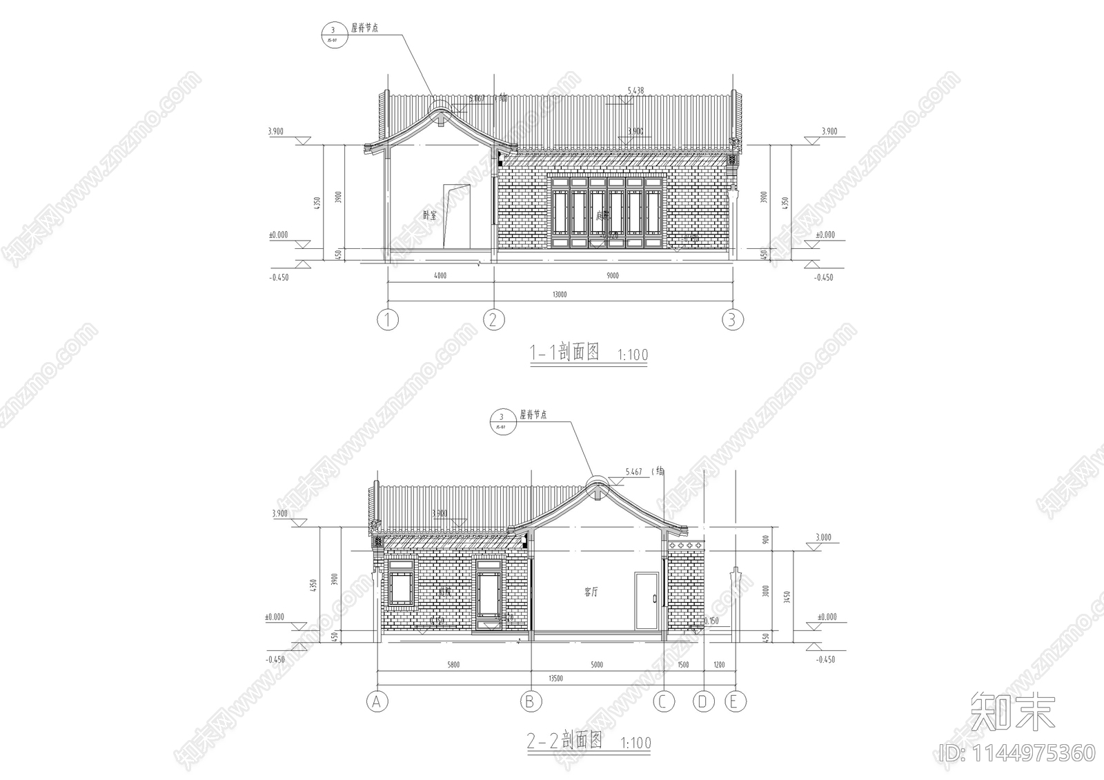 北方明清风格仿古民宿cad施工图下载【ID:1144975360】