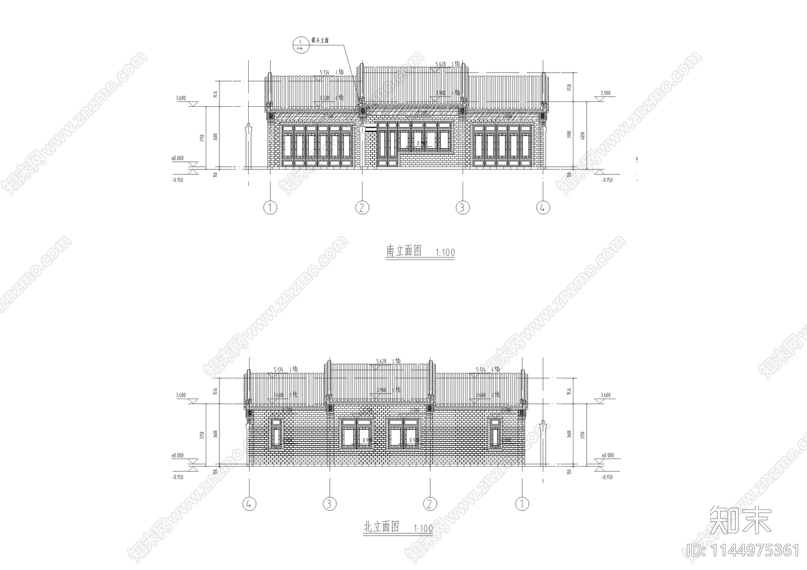 北方明清风格仿古民宿建筑cad施工图下载【ID:1144975361】