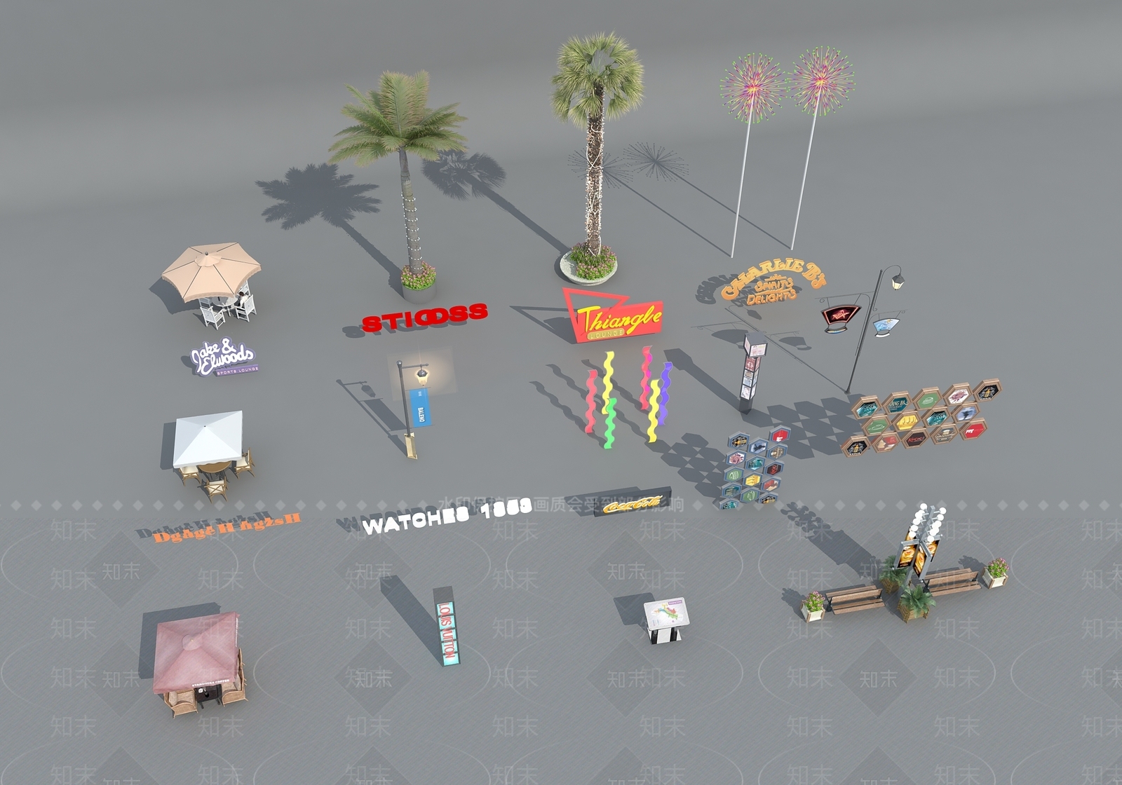 室外夜景商业街小品3D模型下载【ID:1144979625】