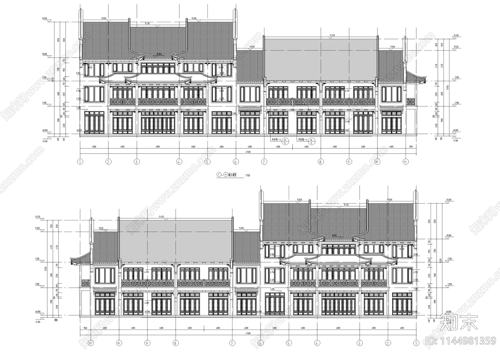 北方明清仿古街区商铺客栈建筑施工图下载【ID:1144981359】