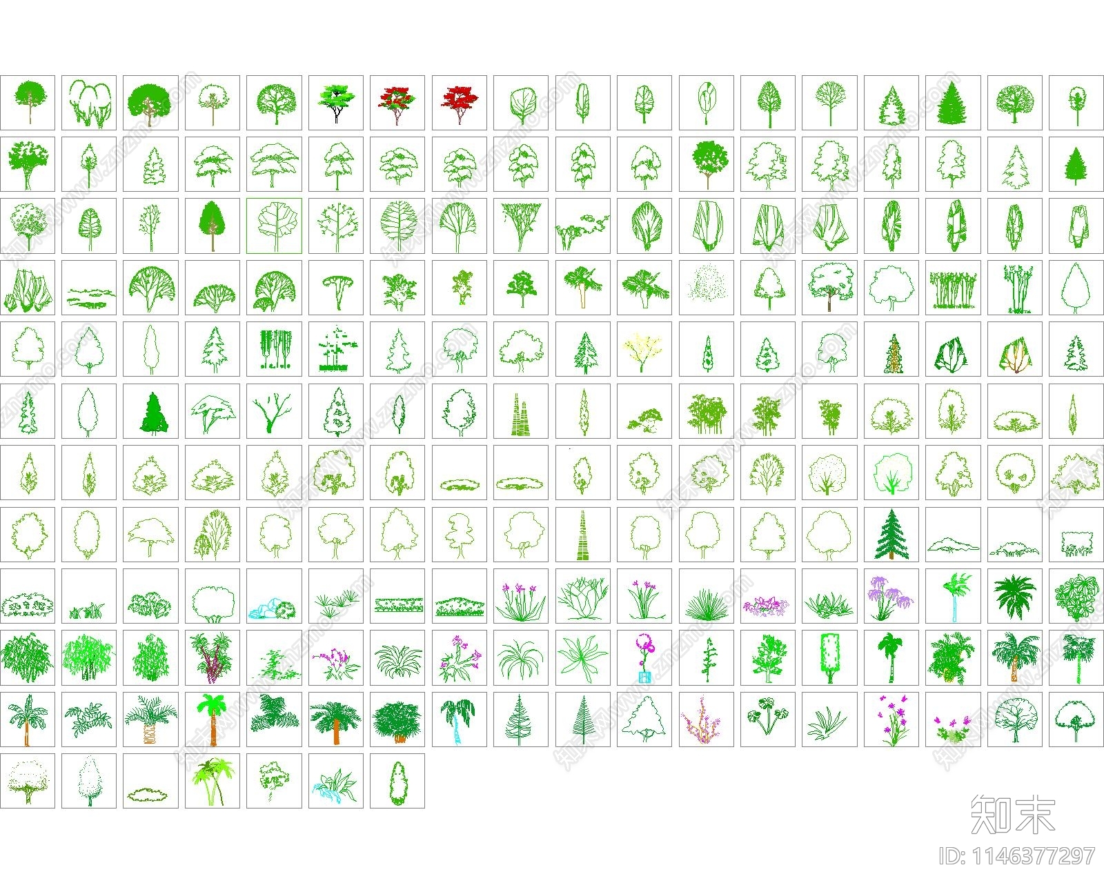 多种植物立面图例cad施工图下载【ID:1146377297】