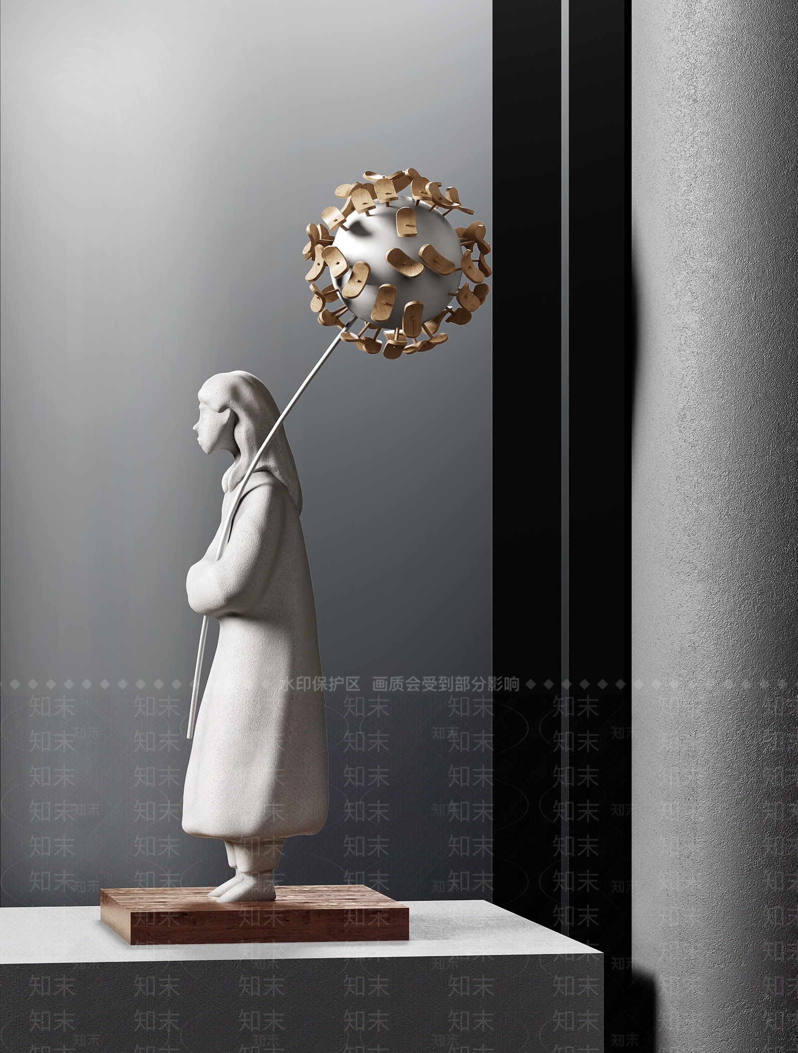 现代蒲公英女孩雕塑摆件SU模型下载【ID:1144988980】