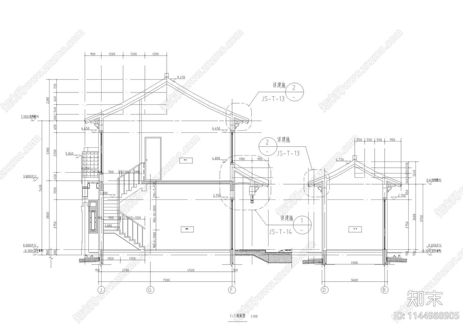 北方中式合院别墅建筑cad施工图下载【ID:1144988905】