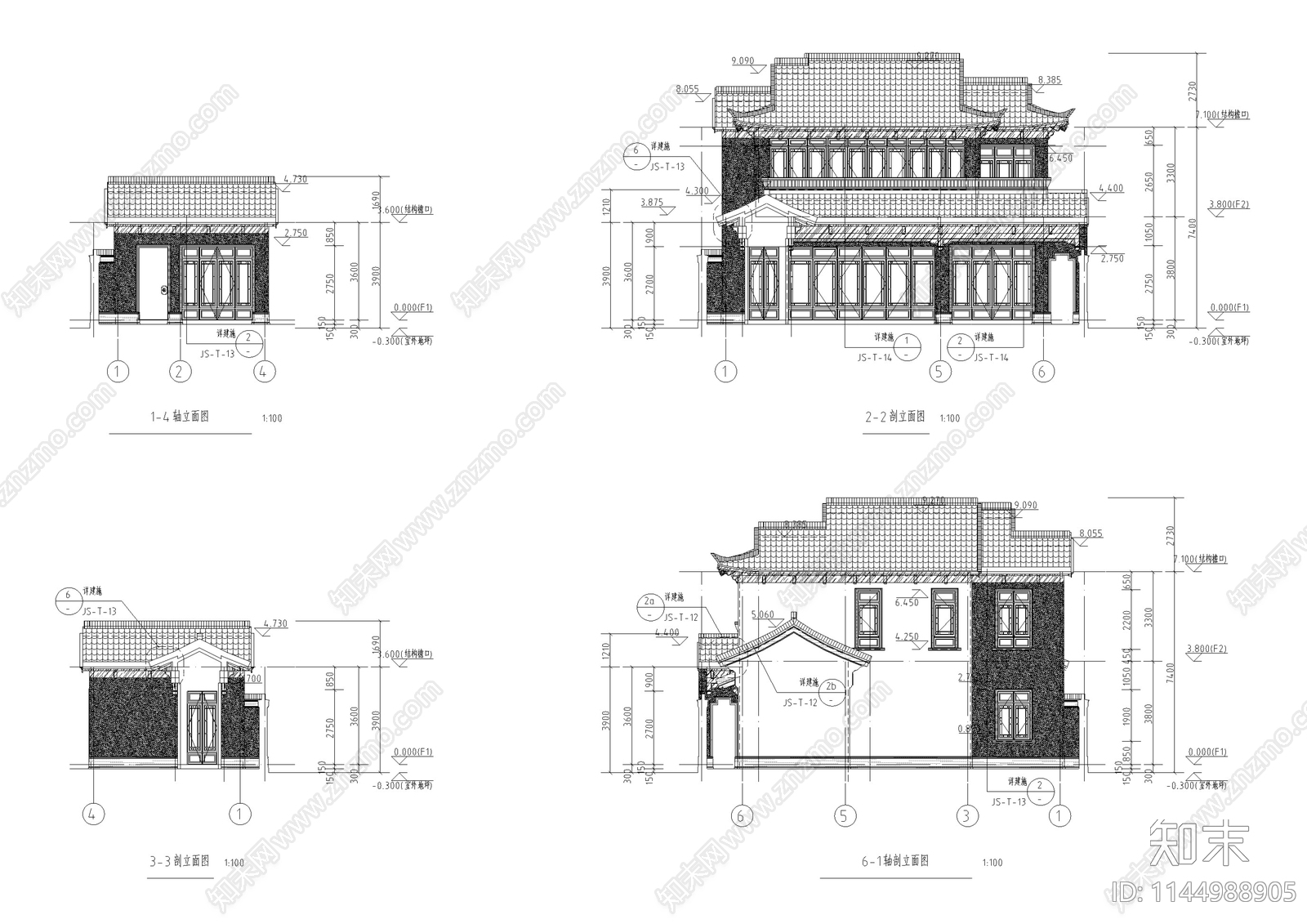 北方中式合院别墅建筑cad施工图下载【ID:1144988905】