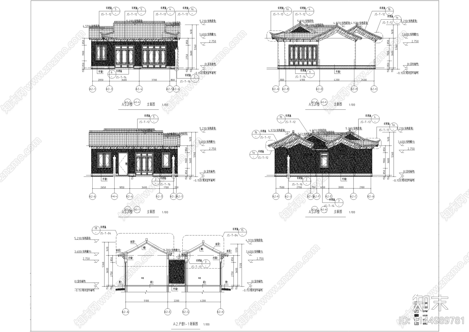 北方中式合院别墅建筑cad施工图下载【ID:1144989781】