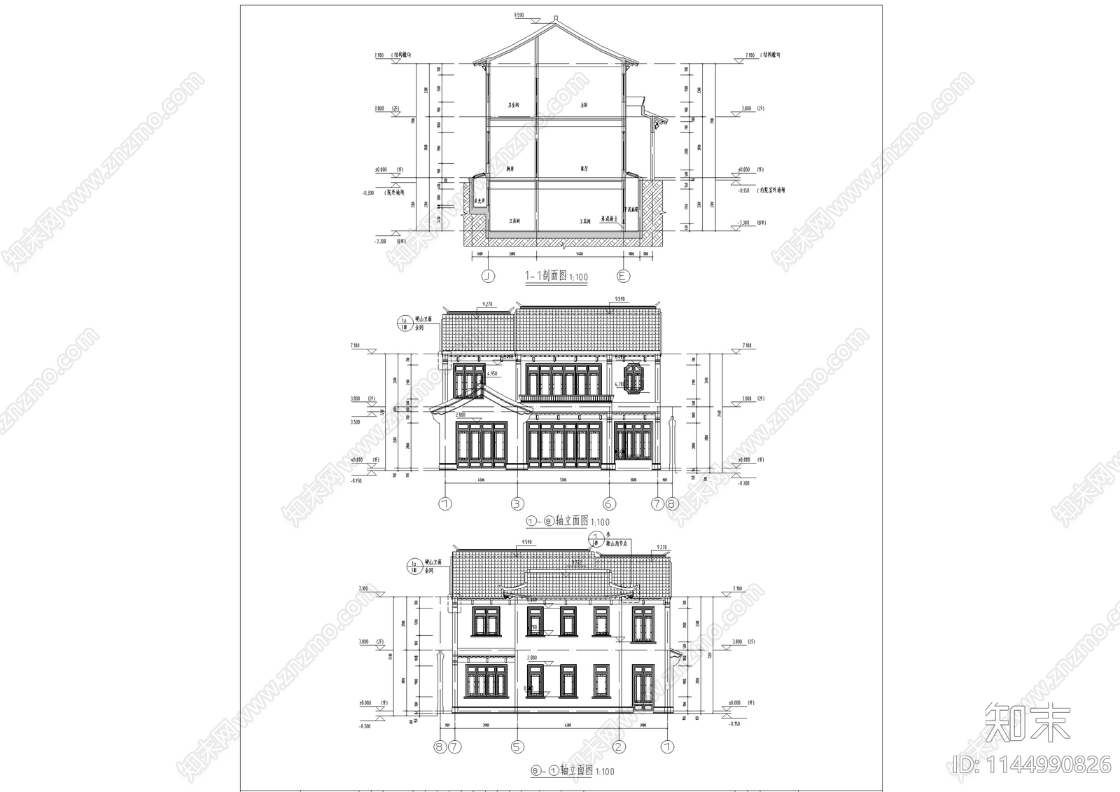 北方中式合院别墅建筑cad施工图下载【ID:1144990826】