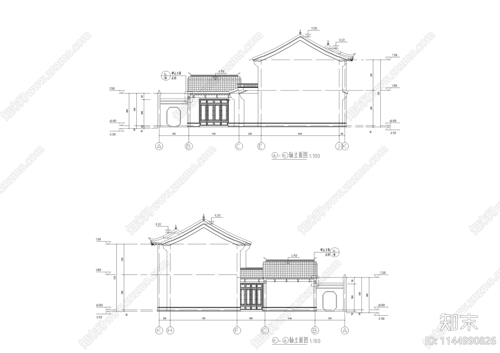 北方中式合院别墅建筑cad施工图下载【ID:1144990826】