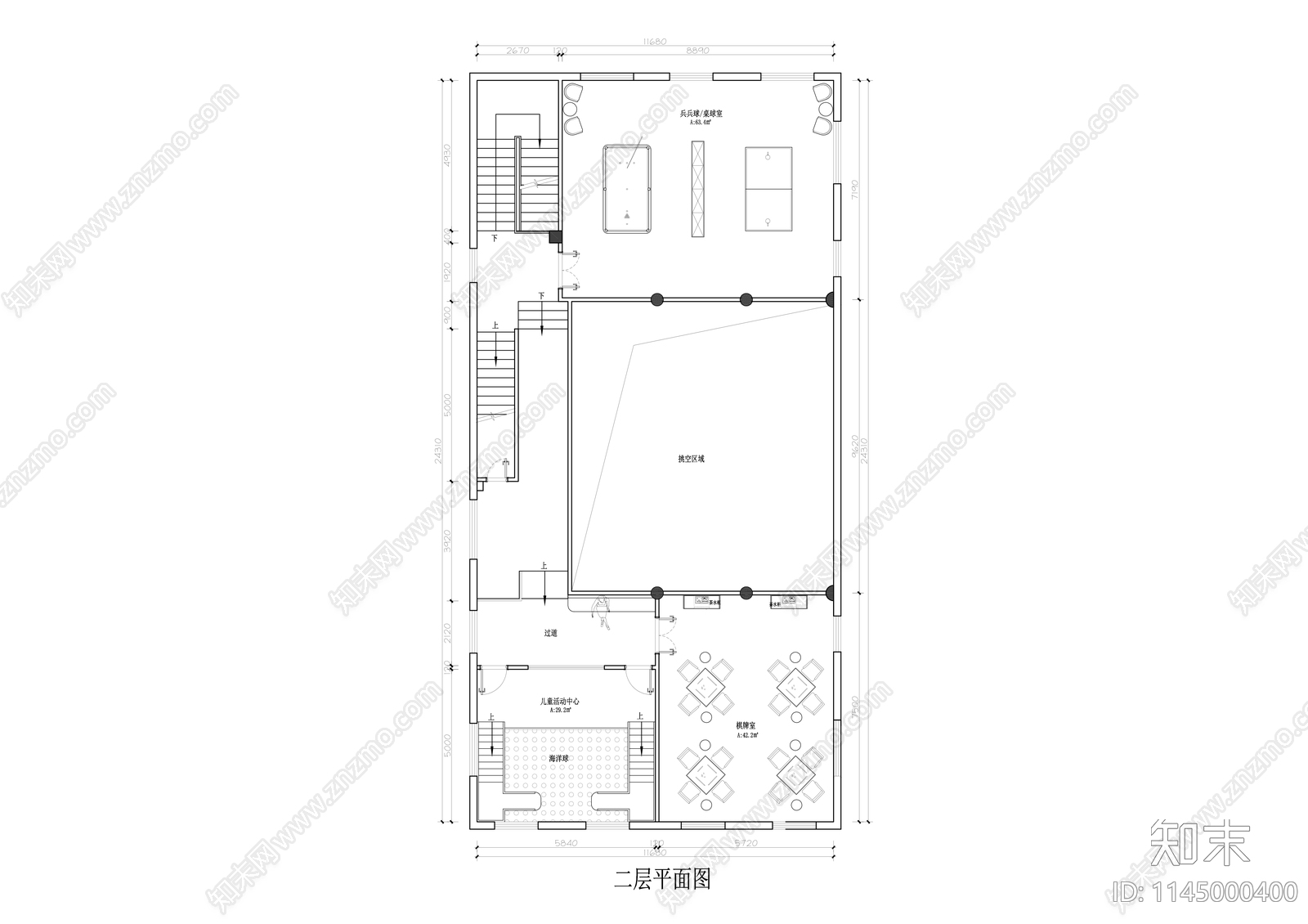 社区老年活动中心平面cad施工图下载【ID:1145000400】