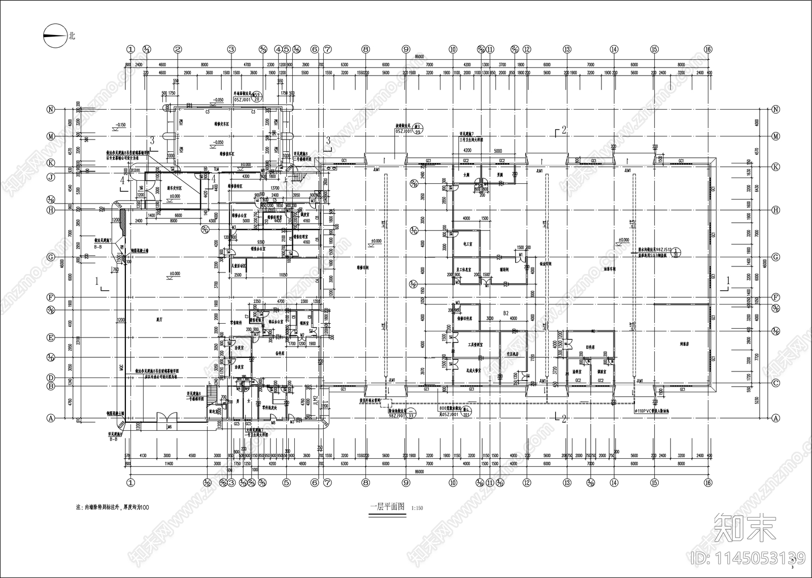 汽车维修车间建筑cad施工图下载【ID:1145053139】