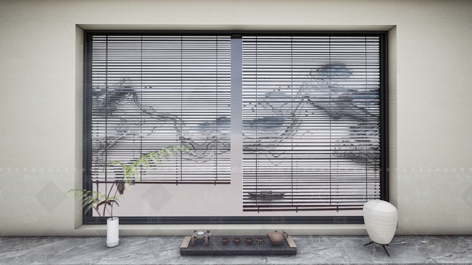 新中式山水百叶帘SU模型下载【ID:1145055596】