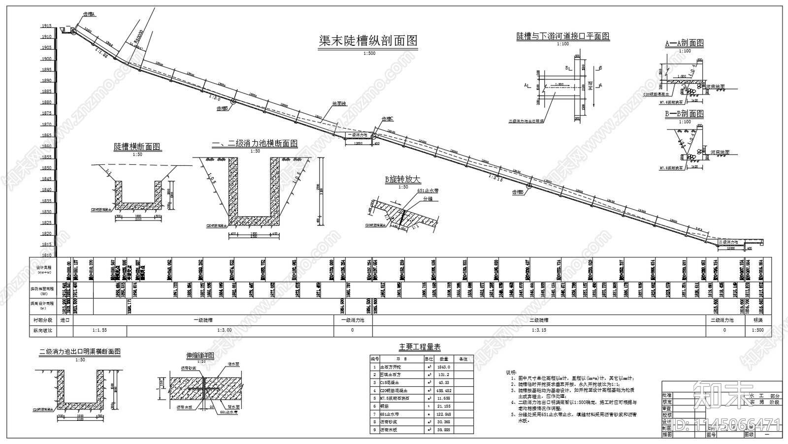 100米落差陡槽消力池配筋图cad施工图下载【ID:1145066471】