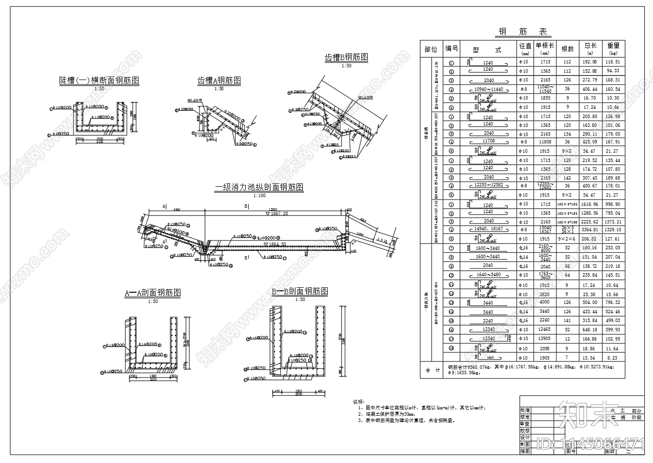 100米落差陡槽消力池配筋图cad施工图下载【ID:1145066471】