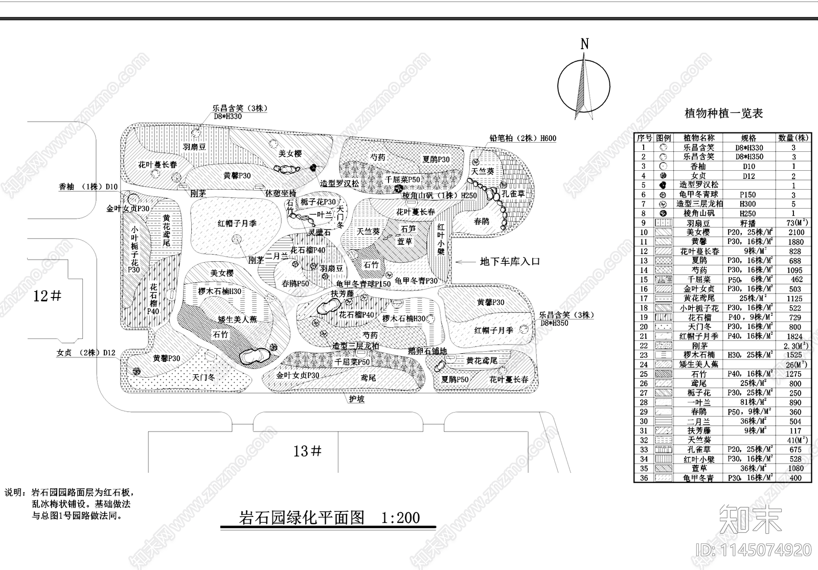 岩石园景观植物绿化平面施工图下载【ID:1145074920】