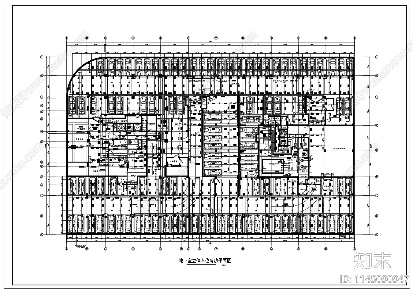 地下室停车库消防喷淋布置图cad施工图下载【ID:1145090947】