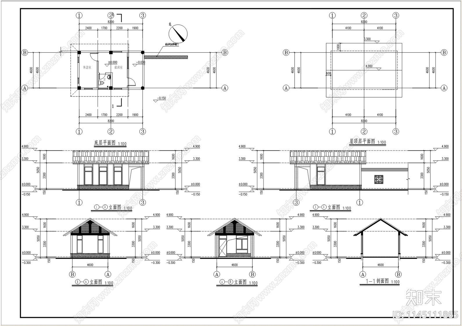 4X8M35平新中式值班室cad施工图下载【ID:1145111865】