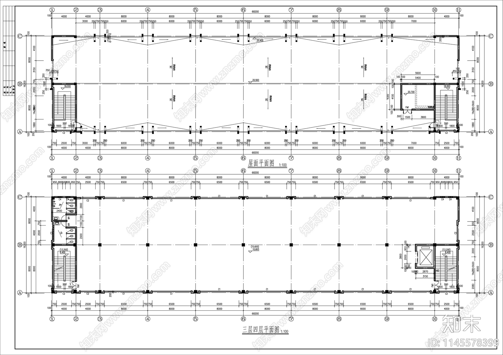 3层沿海地区投资公司办公厂房建筑cad施工图下载【ID:1145578399】