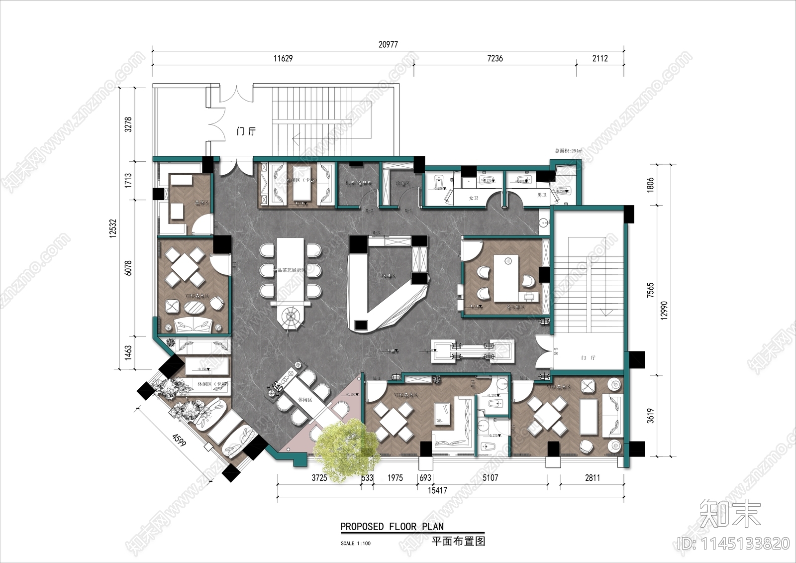 300㎡茶叶店平面布置方案施工图下载【ID:1145133820】