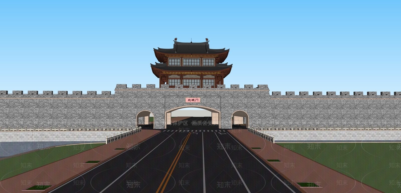 中式古城门SU模型下载【ID:1145136550】