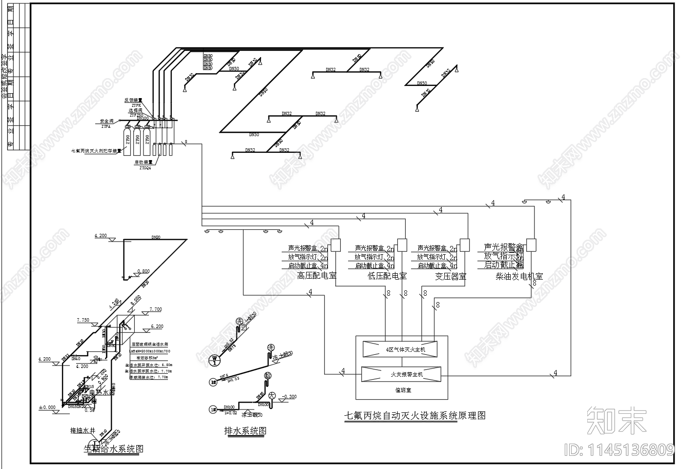 变电站七氟丙烷自动灭火系统设计图cad施工图下载【ID:1145136809】